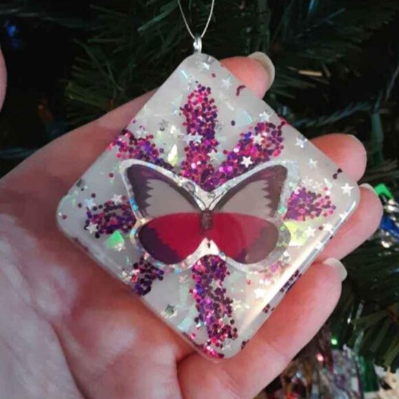 Set of 2 Butterfly Christmas Tree Ornaments Handmade Resin And Glitter - Picture 2 of 7
